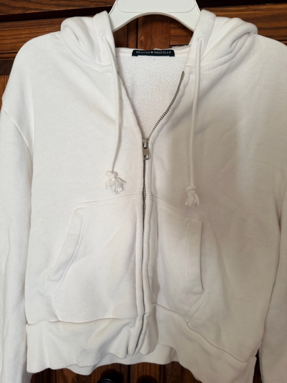 Brandy Melville White Hoodie with Silver Zipper